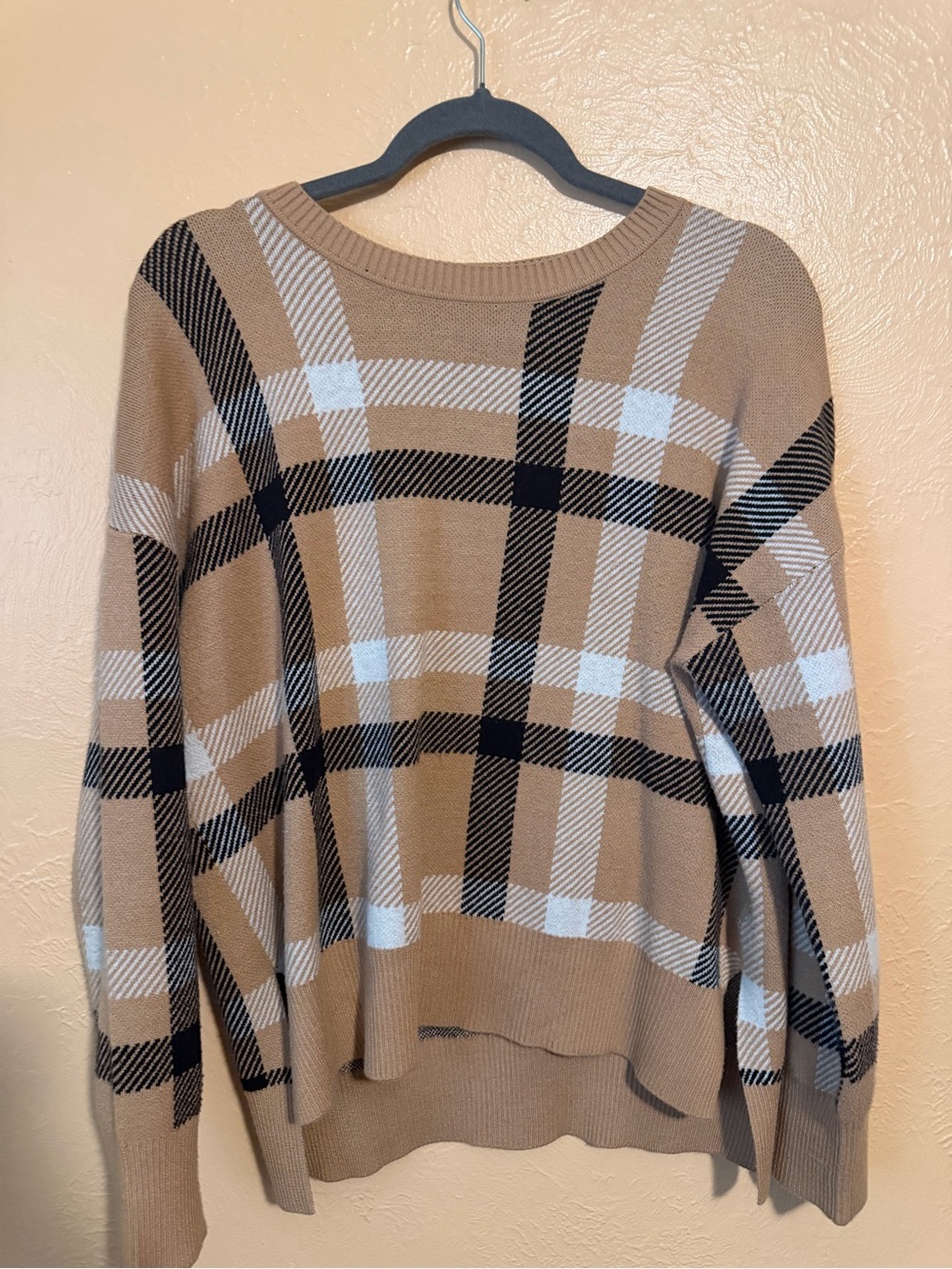 Anthropologie Camel, Black & Cream Plaid Crewneck Sweater